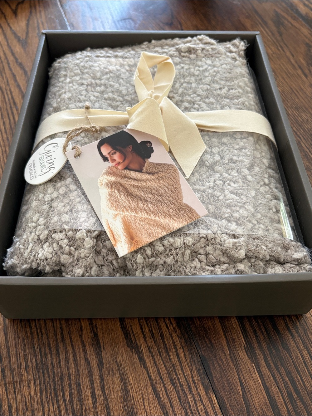 Demdaco Giving Shawl Cream and Light Gray Cozy Chunky Shawl Throw - Picture 4 of 5